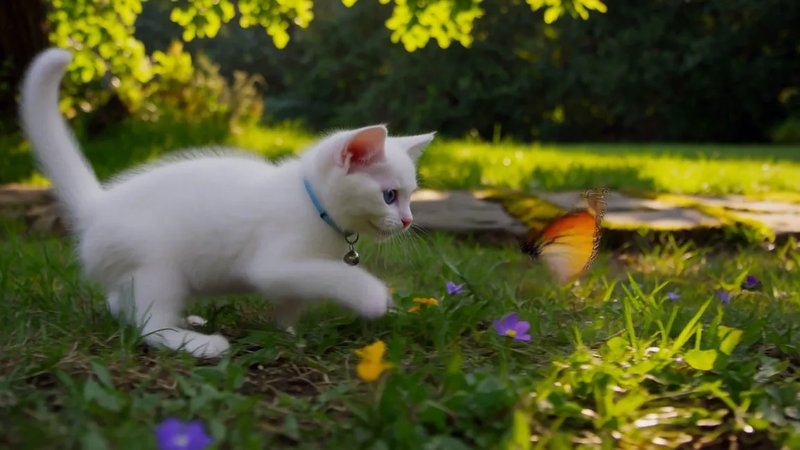 H3 Max family sample: a white kitten chasing a butterfly in a sunlit garden