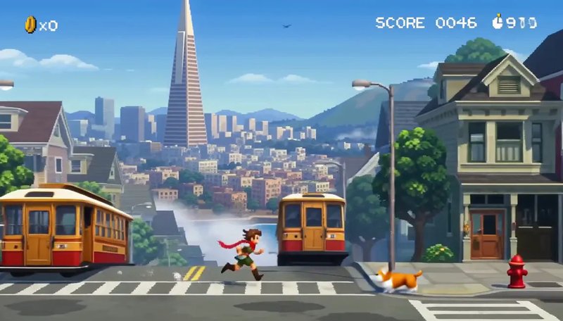 Pixel-art sample: a San Francisco endless runner in 16-bit gameplay
